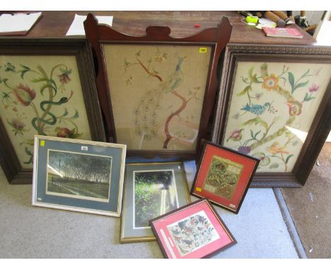 An Edwardian mahogany framed and tapestry firescreen, two framed and glazed embroidered pictures and a selection of mixed pri