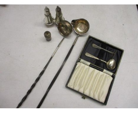 Silver and silver plate to include a toddy ladle with a whale bone handle 