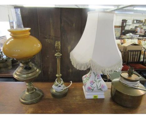 A group of table lamps to include a Rye Cinque Ports pottery lamp and shade and a Duplex No 2 oil lamp, shade and smoke funne