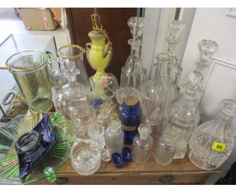 Three Victorian glass decanters with stoppers and others, mixed glassware and a Bohemian style Czechoslovakian table lamp 