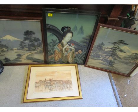 Oriental pictures to include a portrait reverse print of a lady, a tapestry and a pair of prints on fabric 