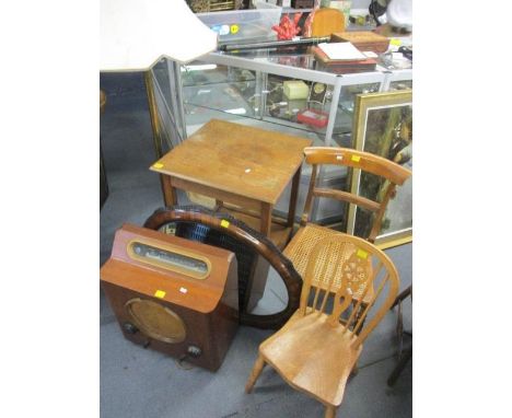 Mixed furniture to include a standard lamp, a wall mirror, a radiogram, two chairs and an oak occasional table 