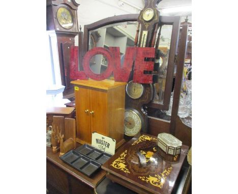 A mixed lot of mainly treen to include jewellery and other boxes, a barometer and other items 
