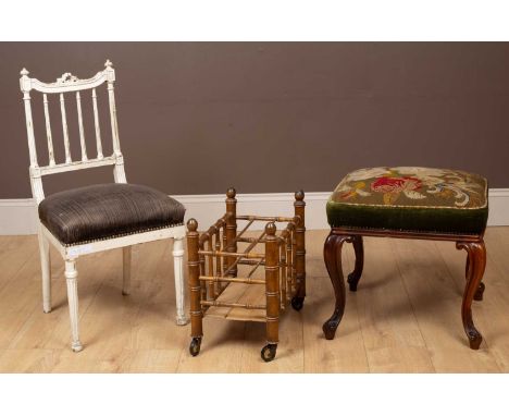 A collection of furniture to include a faux bamboo Canterbury on castors; a rosewood footstool, the tapestry top raised on ca