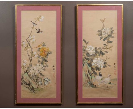 A pair of Chinese silkwork pictures depicting birds amongst flowering branches, of framed scroll form109 x 43.5cmGenerally go