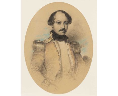 19th century English school, portrait of an officer in military attire, charcoal and colour chalks49cm x 36cm (oval)Browning 