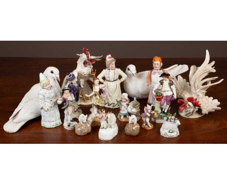 A collection of porcelain figurines and other pottery to include a Meissen flute player; a Samson sheep; three bobble heads; 