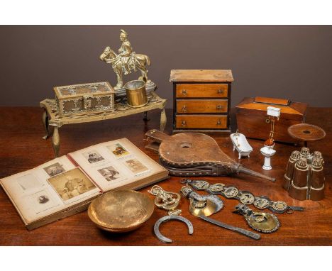 A set of bellows, an apprentice tripod table, an apprentice chest of drawers, a mahogany sarcophagus tea caddy, a brass beake