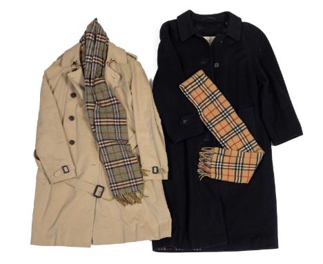 Two Burberry coats, one women's overcoat and a trenchcoat; together with two Burberry scarvesQty: 4One of the scarves with a 