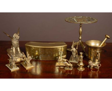Various items of brass to include a Russian percussion tube carrying case, stamped to the bottom with an anchor and the date 