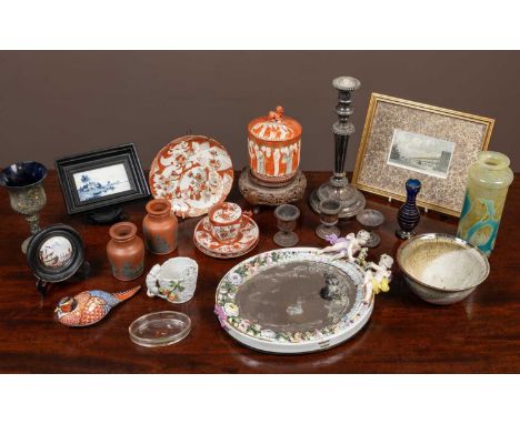 A collection of various items of bijouterie to include; a Mdina Rosenthal glass decanter, a porcelain framed mirror with appl