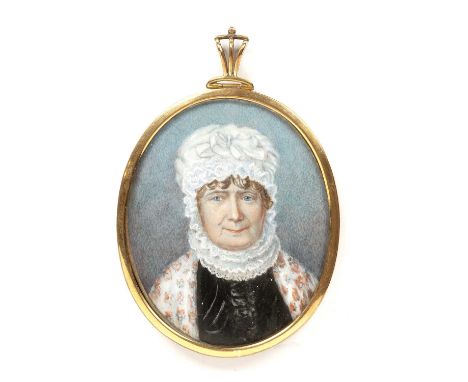19th century English schoolAn oval miniature portrait of a lady, wearing a lace cap, collar, and flowery cloak, watercolour o