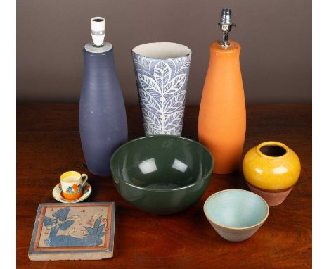 A collection of pottery to include an opposed pair of terracotta lamps, one blue, one orange; a tall vase with leaf decoratio