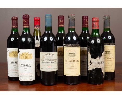 Nine bottles of red wine to include two bottles of 1982 Chateau Le Gardera Bordeaux Supérieur; one bottle of Château Haut Fau