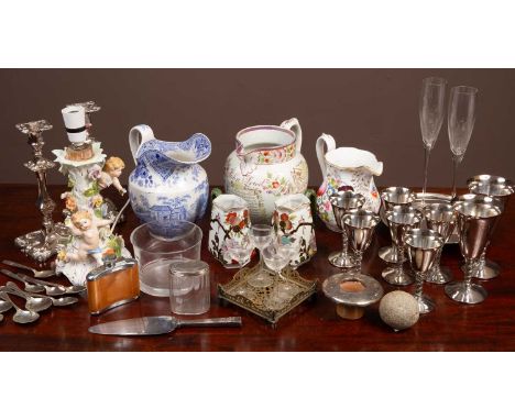 A group of ornaments to include a collection of various framed Prattware pot lids; various silver plated wares; a silver plat