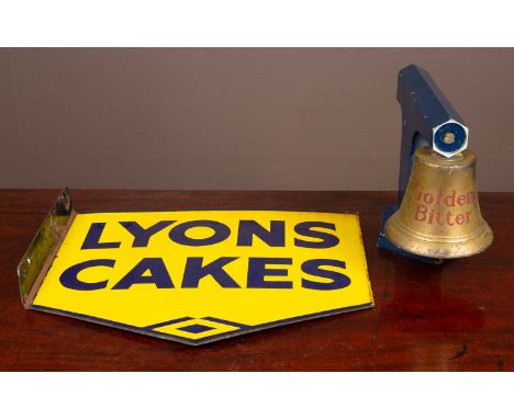 'Golden Bitter' bell on stand together with a 'Lyons Cakes' enamel signBell on stand 33cm wide x 26cm high; sign 45cm wide x 