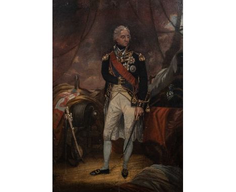 After Sir William Beechy, a portrait of Viscount Horatio Nelson, standing full length on a ship, oil on board60cm high x 40cm
