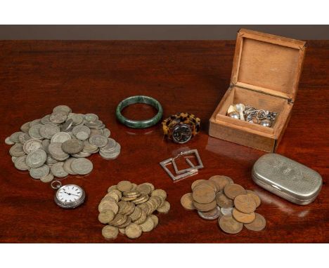 A small silver pocket watch with etched decoration and roman numerals on the enamel face together with two sets of modern sil