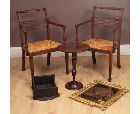 A collection of furniture to include two Regency style mahogany carvers with a turned top rail and a latticework back with ca