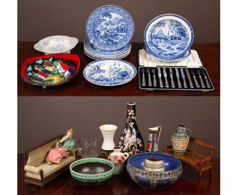 A collection of various pottery and bijouterie to include a Royal Doulton Lambeth blue glazed bowl, two Spode Rome pattern so