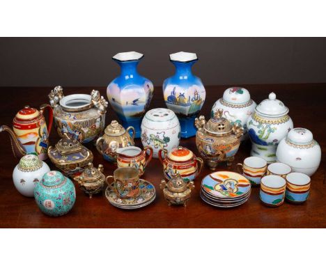 A collection of modern ceramics to include twenty-four famille rose style ginger jars; a Satsuma style tea service; lidded ur