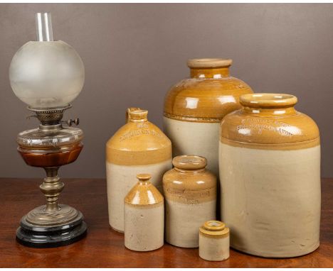 A group of stoneware jars, one stamped 'F Kendall &amp; Son, Stratford on Avon'; together with an old oil lampQty: qtyThe jar