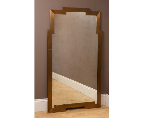 A modern hanging wall mirror with stepped top to the brass coloured frame79.5cm wide x 142cm highQty: 1In generally good cond