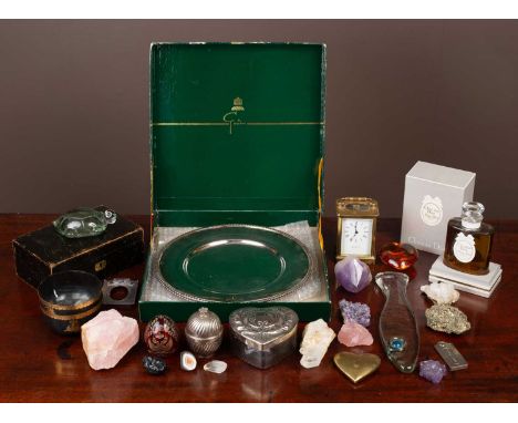 Various items of bijouterie to include Christian Dior Miss Dior perfume, a glass turtle, a H Greeves brass glazed carriage cl