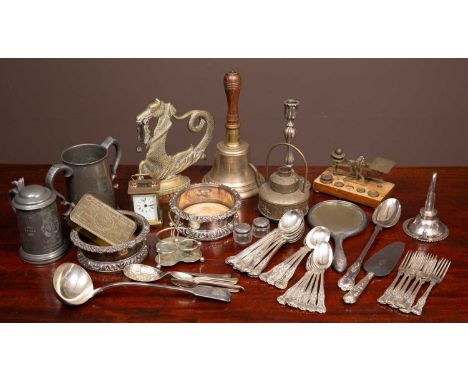 A collection of metalware to include two silver plated wine coasters, a brass carriage clock, a set of postal scales, a silve