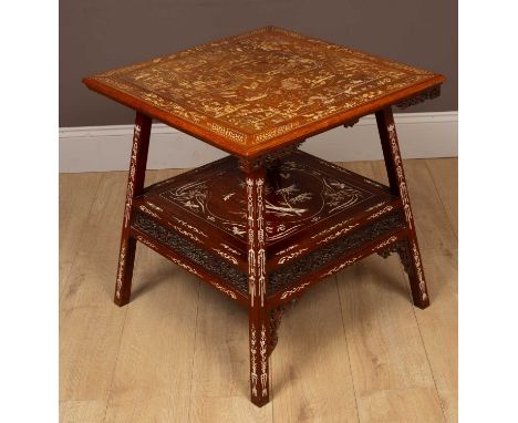 A Chinese square topped occasional table with bone inlaid decoration depicting figural scenes and landscapes, the legs united