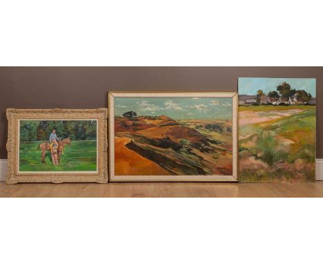 Hildegard Reid (South Africa 1942-), two landscapes, the first a landscape in the dunes, oil on canvas, signed and dated lowe