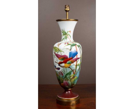 A French Baccarat style white opaline glass table lamp with a handpainted enameled parrot, insects, and vegetation scene, mou