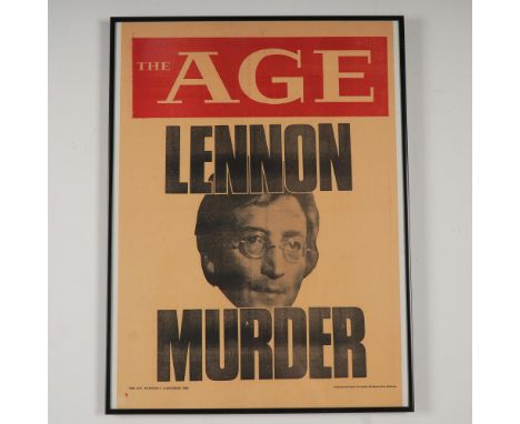 Striking framed front page from The Age newspaper, dated Wednesday, December 10, 1980, announcing the murder of John Lennon. 