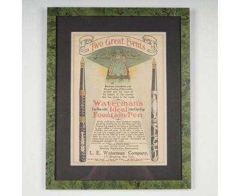 Antique advertising print for Waterman's Ideal Fountain Pen, framed and matted in a striking green burl-veneer style frame. T