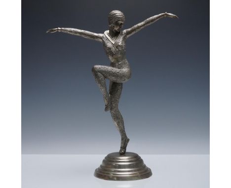 Elegant mid-20th century silvered-metal sculpture inspired by the iconic works of Demetre Chiparus, a leading Art Deco sculpt