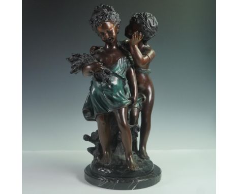 Finely detailed figural sculpture in the style of Auguste Moreau, depicting two young children in an affectionate pose, one w