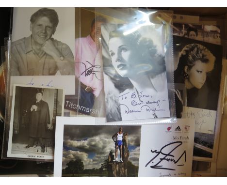 Over 50 autograph publicity photographs of mid to late 20th century theatrical and sporting celebrities also some signed firs