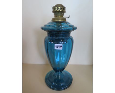 A blue glass oil lamp body - 40cm H - in generally good condition 