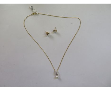 A 9ct yellow gold pearl and diamond pendant on chain and a pair of  opal earrings, approx total 3.5 grams - ex jewellers stoc