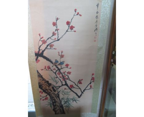 A Chinese painted scroll, birds in prunus - 73cm W x 301cm L - generally good, some stains 
