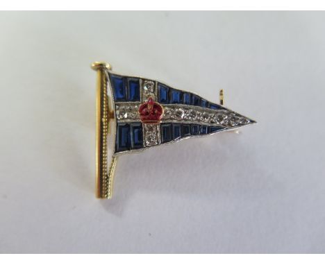 A yellow gold diamond and sapphire brooch in the form of a nautical pennant - 24mm long x 21mm - approx 4.5 grams - in good c