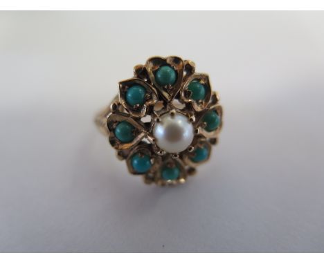A 9ct pearl and turquoise ring, size K/L, approx 4.3 grams, hallmarked 9,375, Maker S & W good condition 