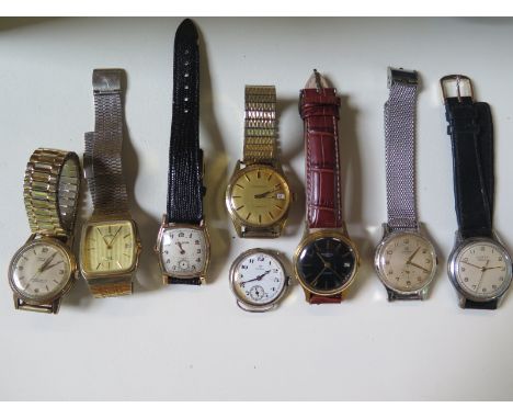 An Omega watchhead together with seven other wristwatches, including a Bulova, Rotary, two Ingersolls, Perret, Buren and Cara