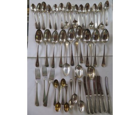 A collection of assorted Georgian and later spoons, a fork and six silver handled butter knives, total weighable silver appro