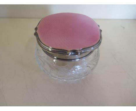 A silver pink guilloche enamel dressing table jar - 8cm wide, good condition 