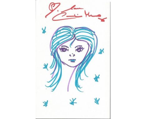 Caroline Munro James bond Actress The Spy Who Loved Me 1977 as Naomi signed personal art doodle on white card. Unique persona