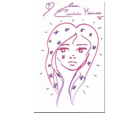 Caroline Munro James bond Actress The Spy Who Loved Me 1977 as Naomi signed personal art doodle on white card. Unique persona