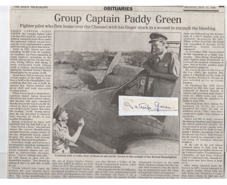 Group Captain Charles Patrick Paddy Green DSO DFC Signature and excellent Obituary of 92 and 421 Flight Battle of Britain. A 