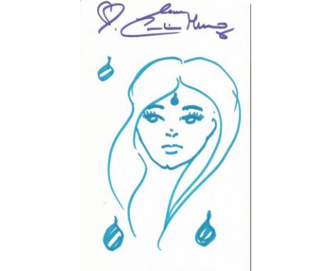 Caroline Munro James bond Actress The Spy Who Loved Me 1977 as Naomi signed personal art doodle on white card. Unique persona