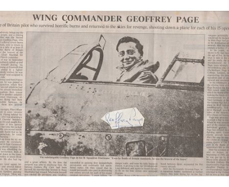 Wing Commander Alan Geoffrey Page DSO OBE DFC* Signature and full excellent Obituary of 56 Squadron Battle of Britain. Badly 